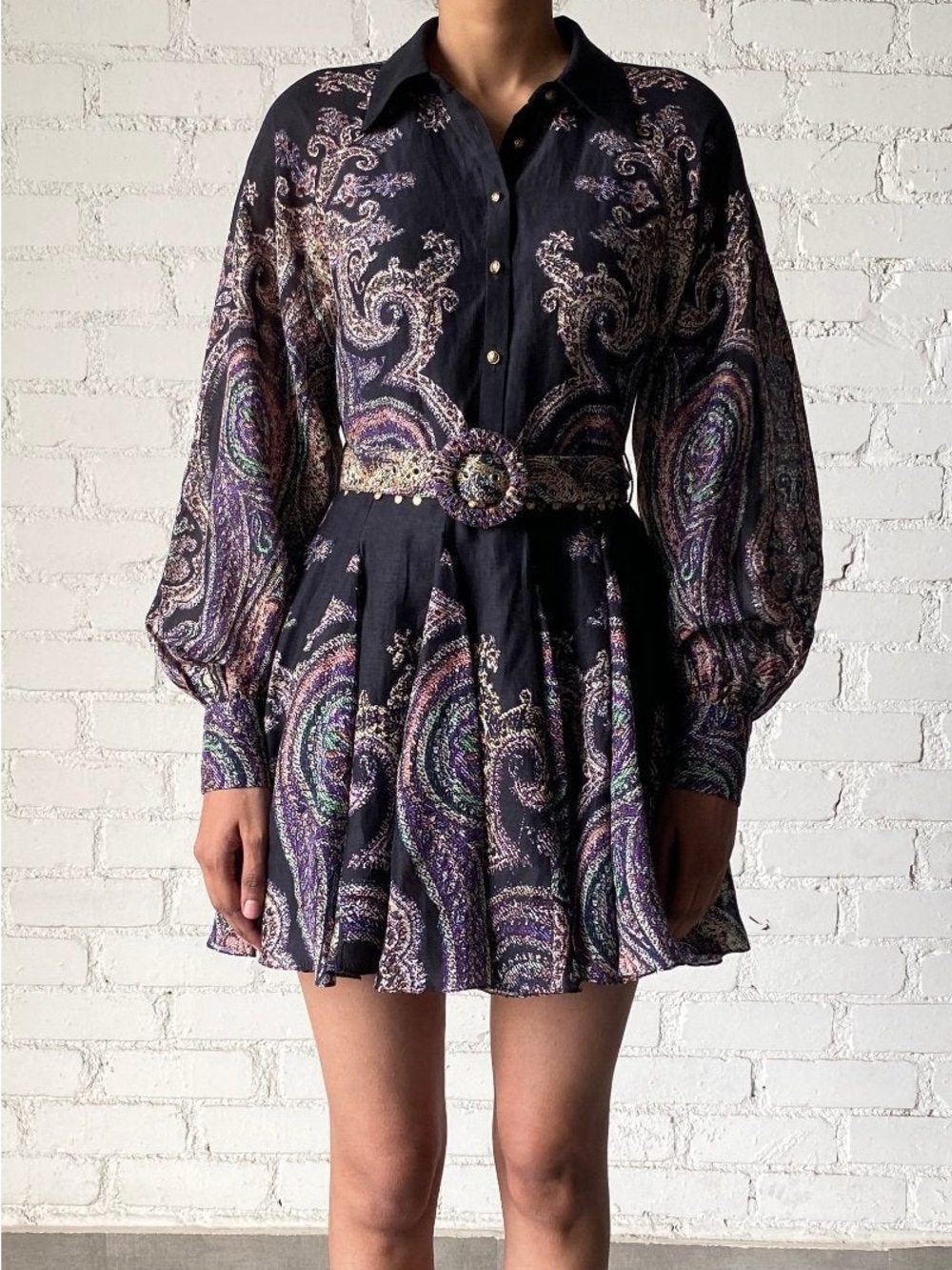 Paisley Print Black Mini Shirt Dress with Belt